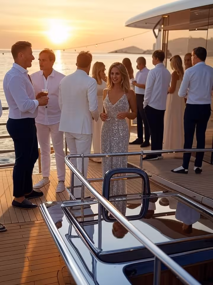 Exclusive private yacht party on the French Riviera at sunset, well-dressed guests networking on dec