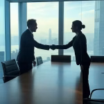 Modern business meeting in luxurious Hong Kong skyscraper boardroom, floor-to-ceiling windows with h