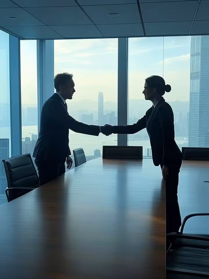 Modern business meeting in luxurious Hong Kong skyscraper boardroom, floor-to-ceiling windows with h