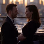 Elegant couple meeting at exclusive rooftop bar overlooking Manhattan skyline at sunset, sophisticat