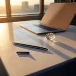 Minimalist desk scene with open laptop showing formal email, crystal paperweight, expensive pen, mar