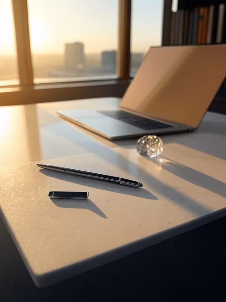 Minimalist desk scene with open laptop showing formal email, crystal paperweight, expensive pen, mar