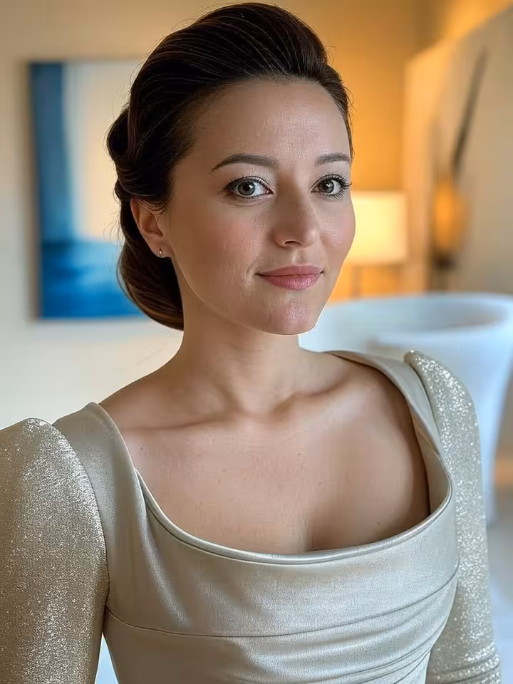 Luxury profile photoshoot setup with professional lighting, woman in elegant dress against artistic 
