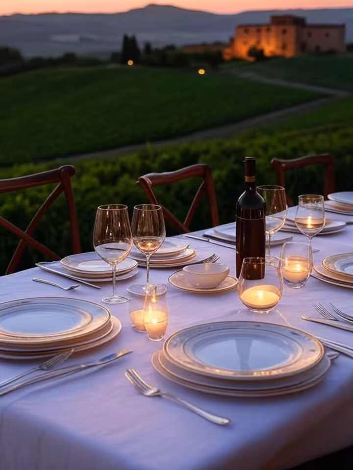 Intimate luxury dinner setup in historic Italian vineyard at dusk, candles, fine wine, Tuscan landsc