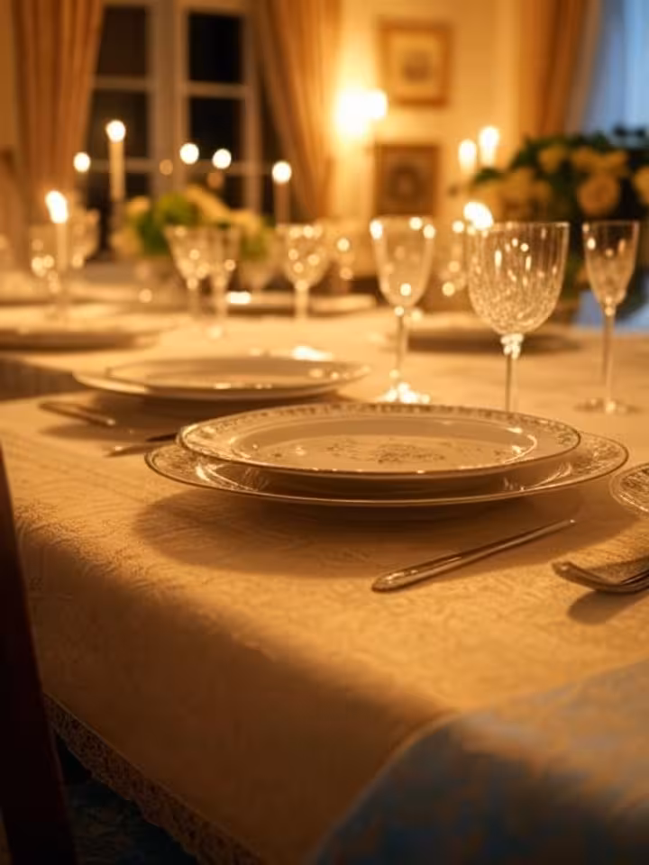 Intimate dinner party setup, beautifully set table with fine china and crystal glasses, soft candlel