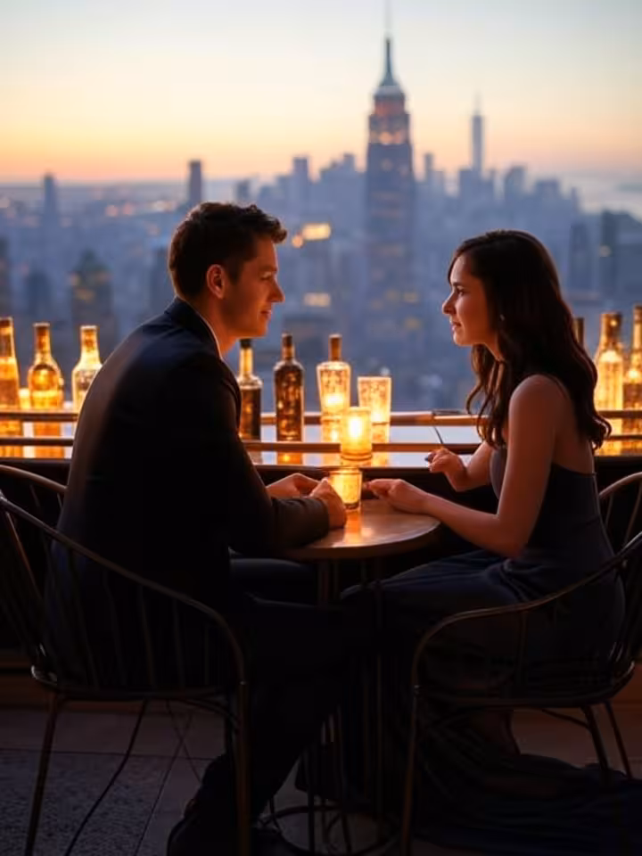 Sophisticated couple having intimate conversation at upscale Manhattan rooftop bar at sunset, New Yo