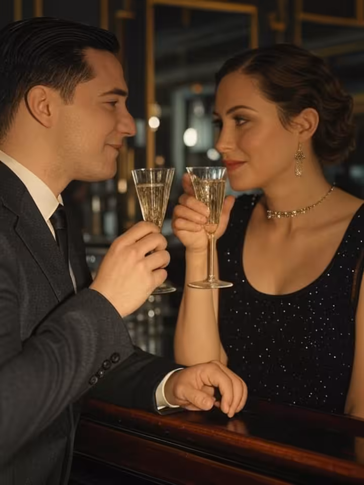 Sophisticated couple having champagne at dimly lit art deco bar, 1920s inspired interior, crystal gl