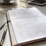 Artistic overhead shot of an open luxury leather notebook with financial graphs and elegant fountain