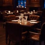 Exclusive private members club in Mayfair London, dark wood paneling, leather wingback chairs, intim