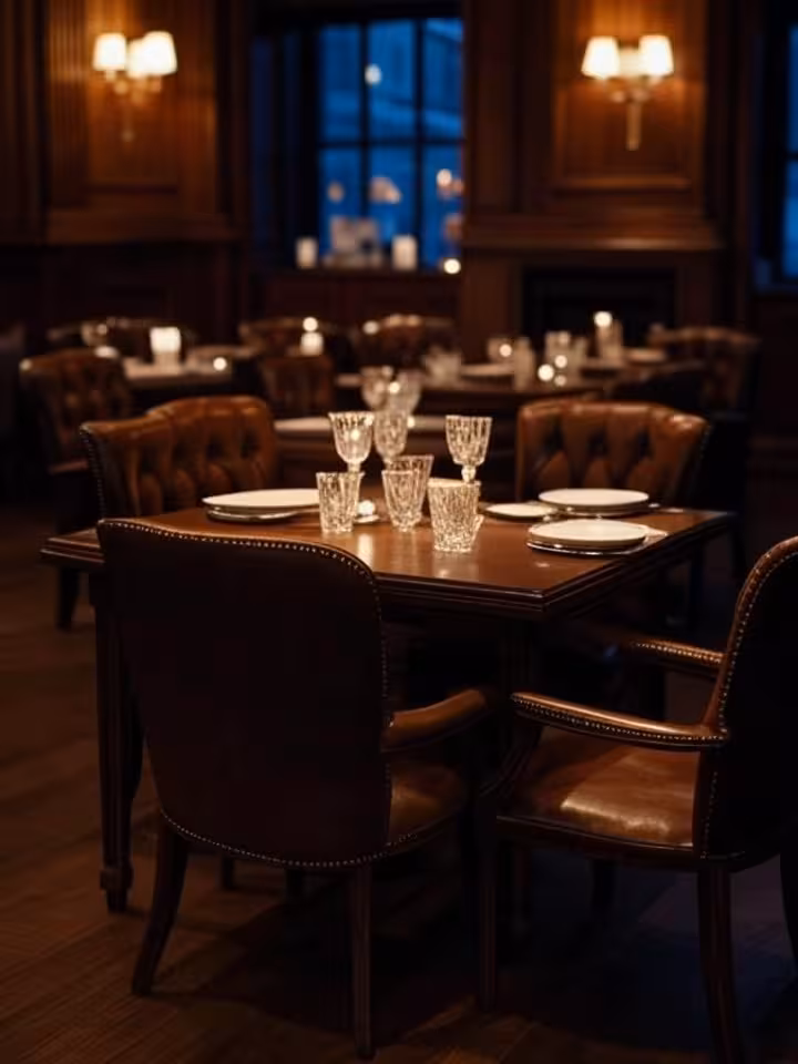 Exclusive private members club in Mayfair London, dark wood paneling, leather wingback chairs, intim