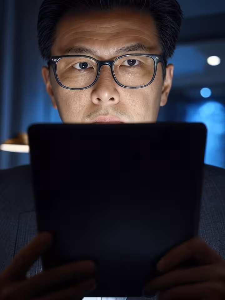 Person analyzing photographs on luxury tablet device, moody lighting, selective focus on skeptical f