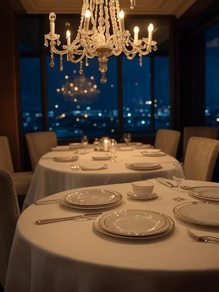 High-end restaurant private dining room with crystal chandeliers, intimate table setting for two, so