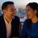 Sophisticated couple laughing genuinely during conversation at exclusive rooftop bar, city lights ba