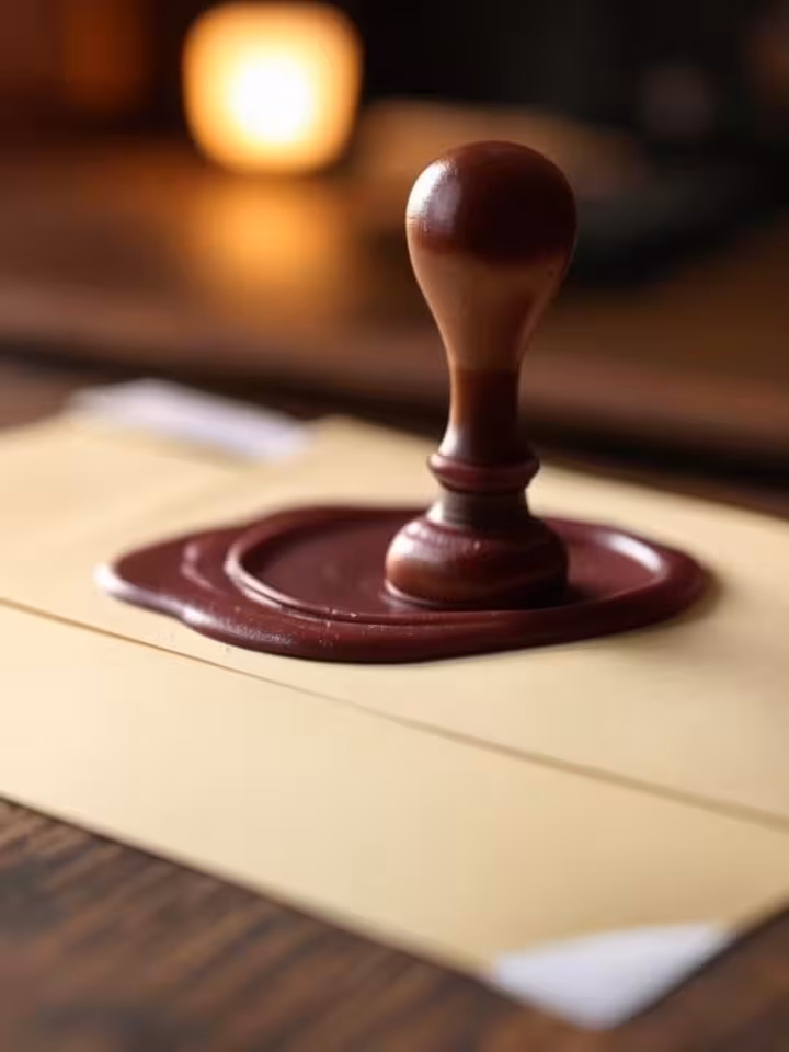 Close-up of wax seal stamp pressing into burgundy wax on cream envelope, traditional correspondence 