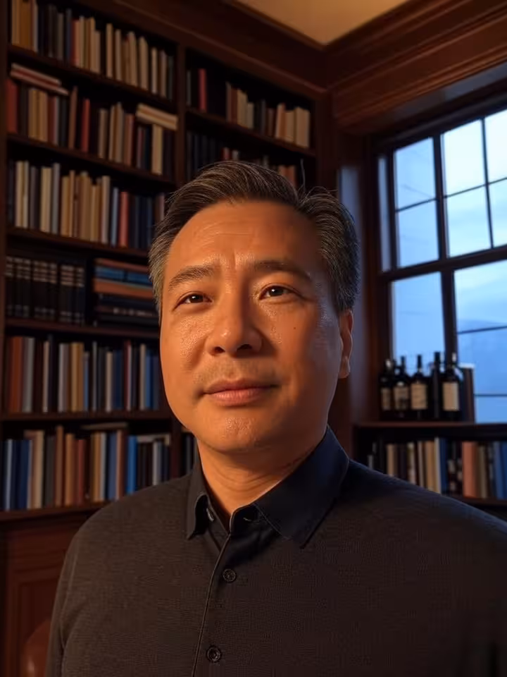 First video call on laptop in sophisticated home library, warm lighting, shelves with art books and 