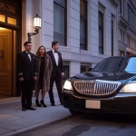 luxury townhouse entrance Fifth Avenue New York, doorman in formal uniform, black car arriving, eleg