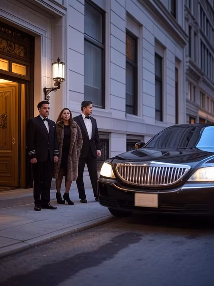 luxury townhouse entrance Fifth Avenue New York, doorman in formal uniform, black car arriving, eleg