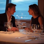 Intimate candlelit dinner in yacht interior, premium wine glasses, sophisticated couple engaged in d