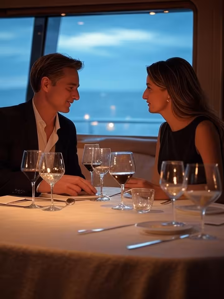 Intimate candlelit dinner in yacht interior, premium wine glasses, sophisticated couple engaged in d