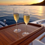 Aerial view of romantic luxury yacht deck at sunset, champagne setup for two, Mediterranean coastlin