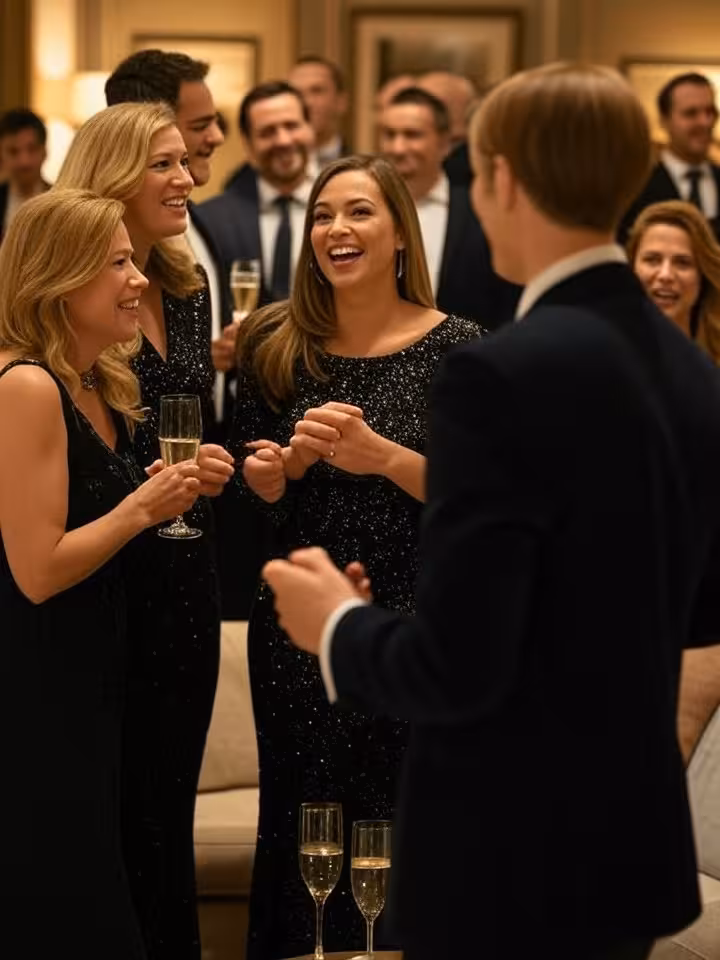 Sophisticated social gathering, well-dressed guests engaged in animated conversation, elegant home s