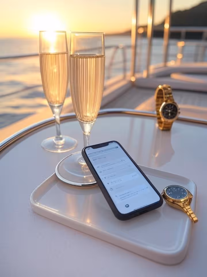 Mediterranean yacht deck at sunset, empty champagne flutes, expensive watch detail, sophisticated te