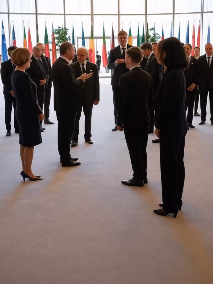 Diplomatic reception at United Nations palace Geneva, flags of multiple nations, ambassadors in form