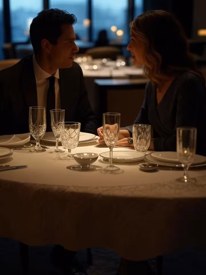 Artistic overhead view of luxury dinner table setting with two people engaged in conversation, fine