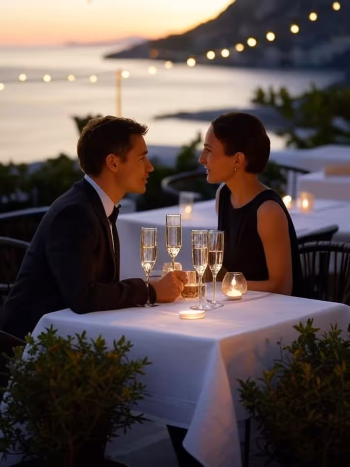 Exclusive rooftop restaurant terrace at sunset, elegant couple having intimate conversation, champag