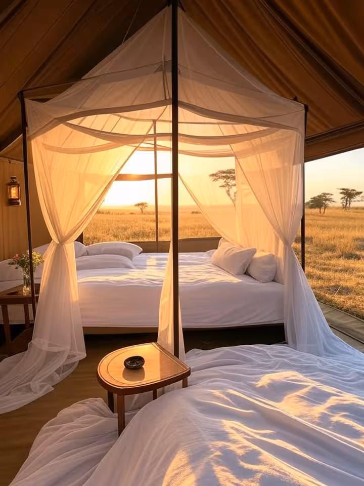 Luxury safari camp tent interior at dawn, elegant bed with mosquito netting, African savanna view th