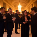 Sophisticated evening soirée in elegant mansion interior, guests mingling with cocktails, crystal ch