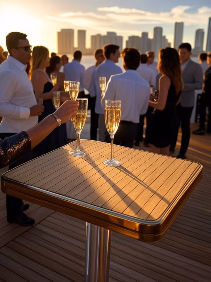 Private yacht deck in Miami Beach during golden hour, elegant social gathering, champagne service, A