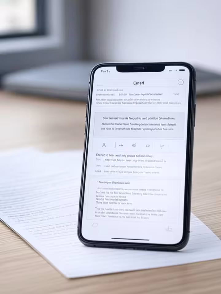 Modern smartphone displaying formal email with impeccable formatting, next to handwritten note on pr