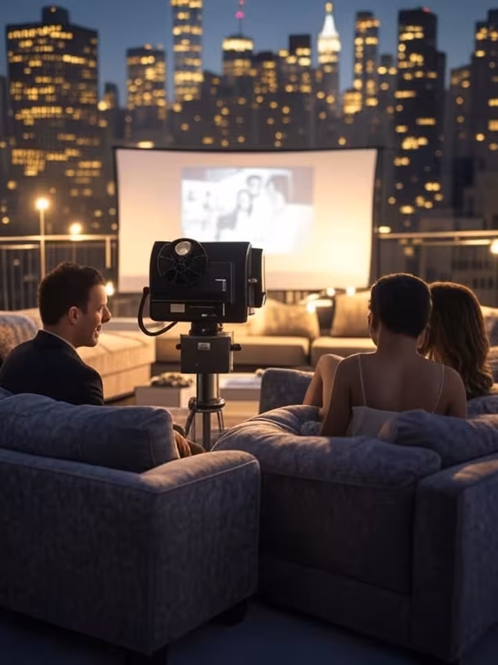 Exclusive rooftop terrace in Manhattan at night, city skyline backdrop, intimate outdoor cinema setu