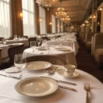 Paris luxury restaurant interior Belle Époque style, art deco details, natural light through crystal
