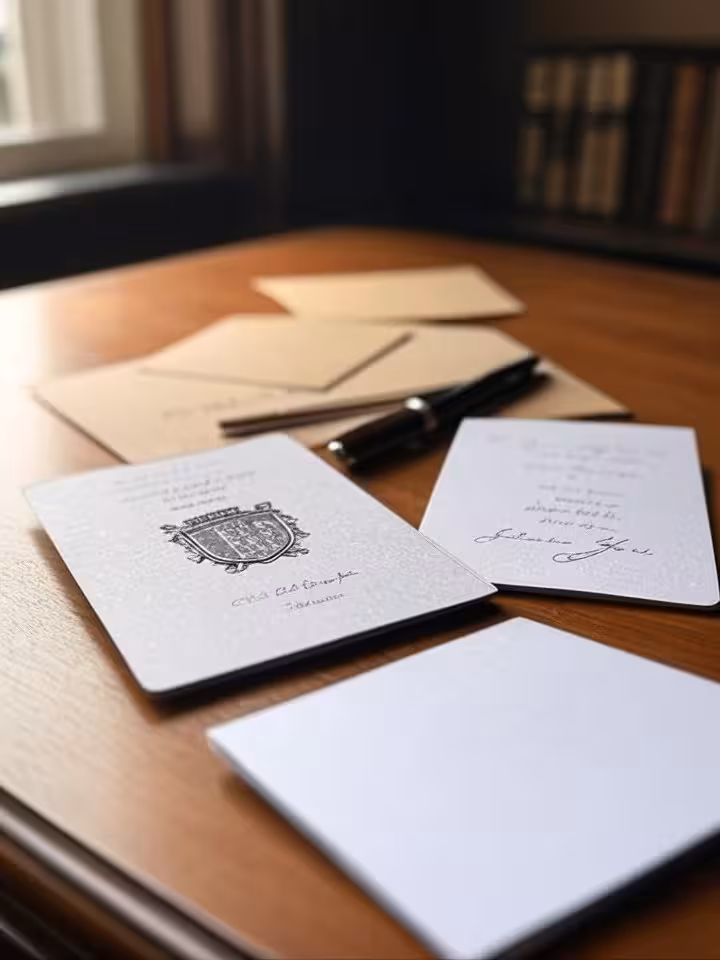 Luxury calling cards and handwritten thank you notes on premium paper, fountain pen, wax seal, vinta