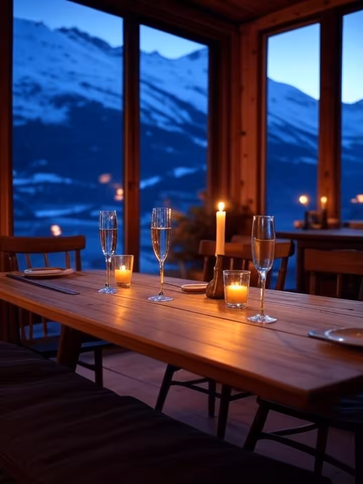 Private mountain refuge intimate dinner setup, candlelight on rustic wooden table, champagne flutes,