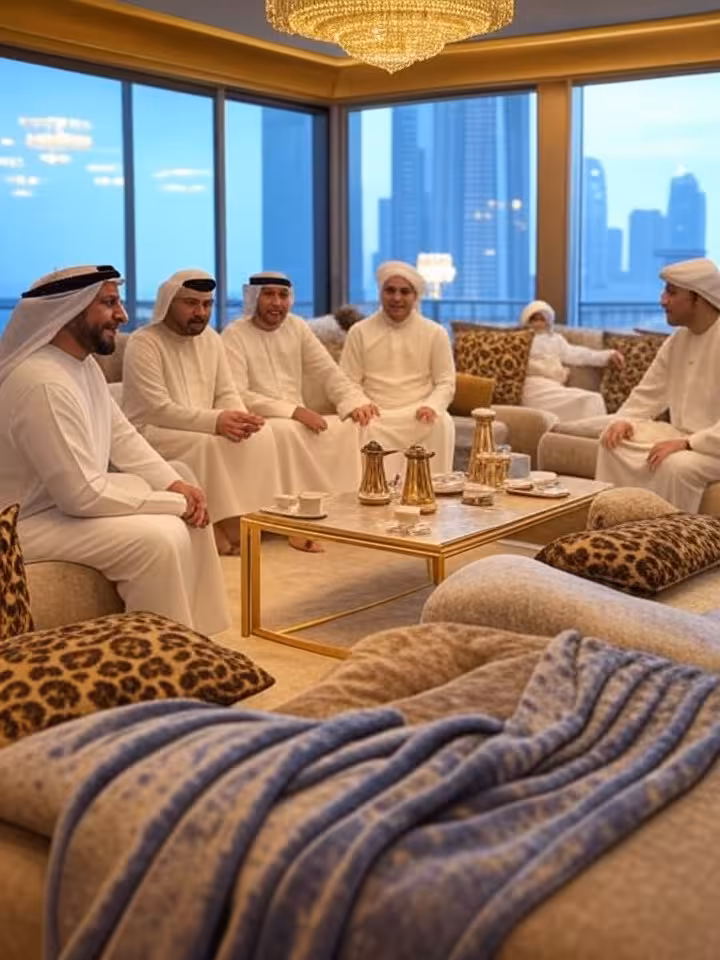 Luxurious majlis gathering in modern Dubai penthouse, traditional Arabic hospitality meets contempor