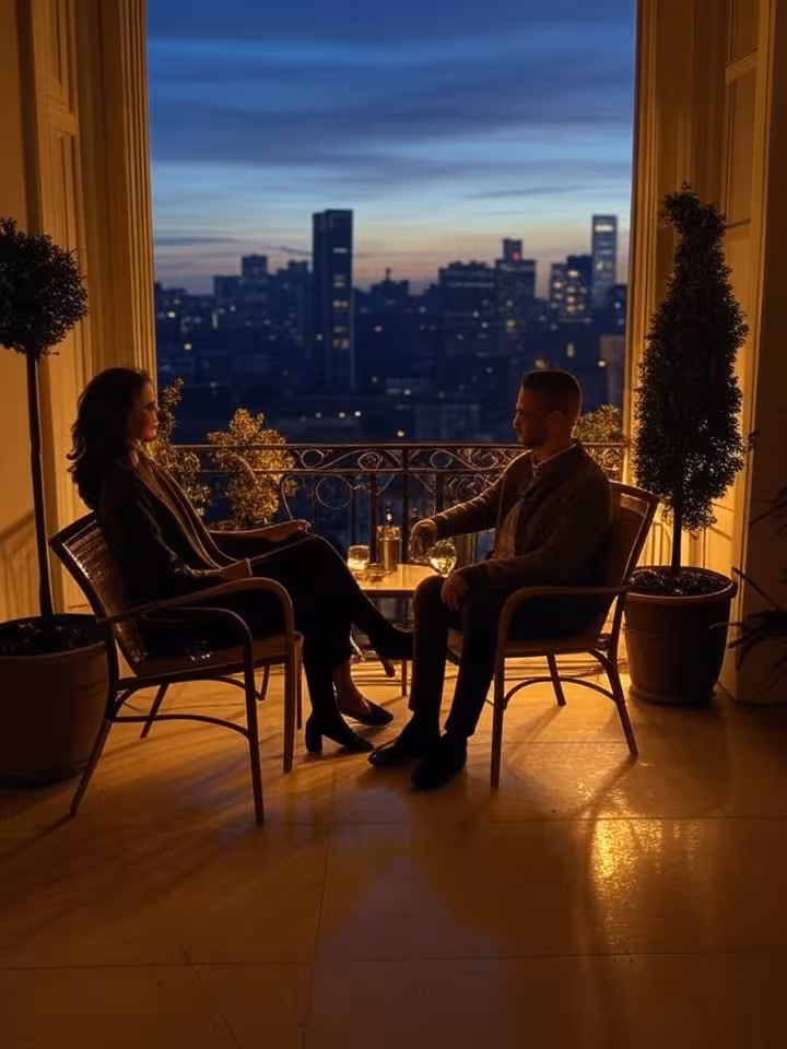 Luxury apartment balcony at night, city skyline view, intimate seating area, soft lighting, wine gla