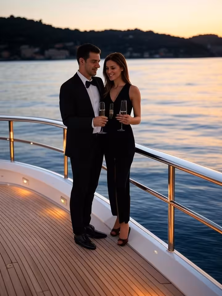 Exclusive yacht deck in Portofino harbor at sunset, Mediterranean luxury lifestyle, Italian Riviera 