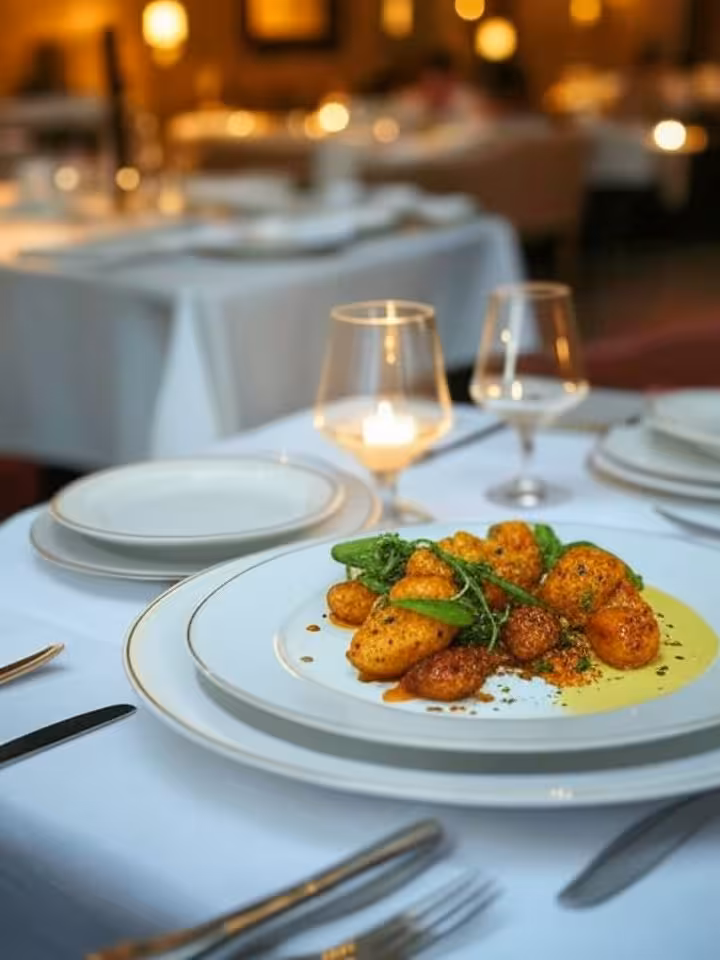 Intimate corner table at Michelin-starred restaurant, soft candlelight, modern British cuisine plati