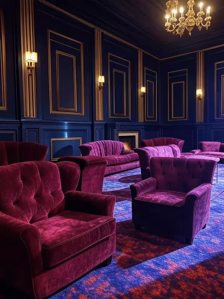 Exclusive members-only club interior with velvet furniture, art deco details, sophisticated ambiance