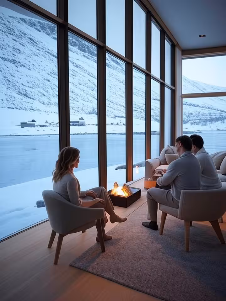 Minimalist luxury cabin interior in Norwegian fjords, floor-to-ceiling windows, snow landscape, coup