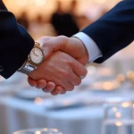Elegant close-up of two hands in formal handshake, luxury watch visible, soft bokeh background of hi