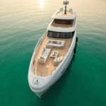 Luxurious superyacht anchored in crystal clear Mediterranean waters at golden hour, aerial view show