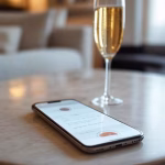 Elegant smartphone displaying exclusive dating app interface on marble table with champagne glass, l