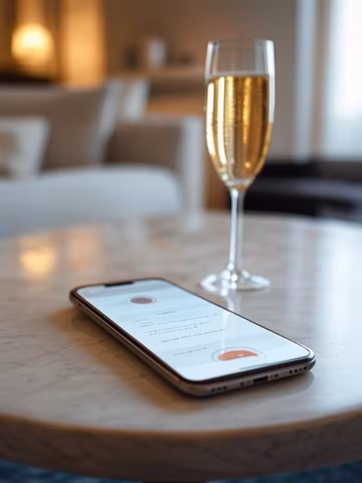 Elegant smartphone displaying exclusive dating app interface on marble table with champagne glass, l