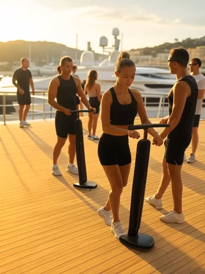 Elegant fitness scene in luxury yacht club, morning golden light, sophisticated people in athletic w