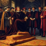 elegant medieval court scene with nobles in rich attire observing strict hierarchical protocol, rena