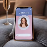 Elegant smartphone displaying exclusive dating app interface with gold accents and velvet textures,